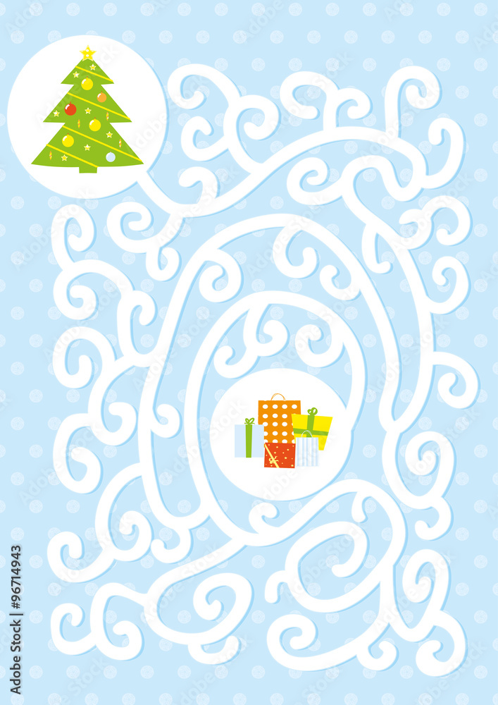 maze game for children with christmas tree and gifts