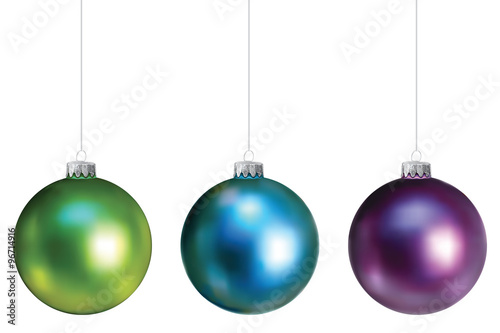 Boules de Noël vert, bleu, violet, fixations argentées
