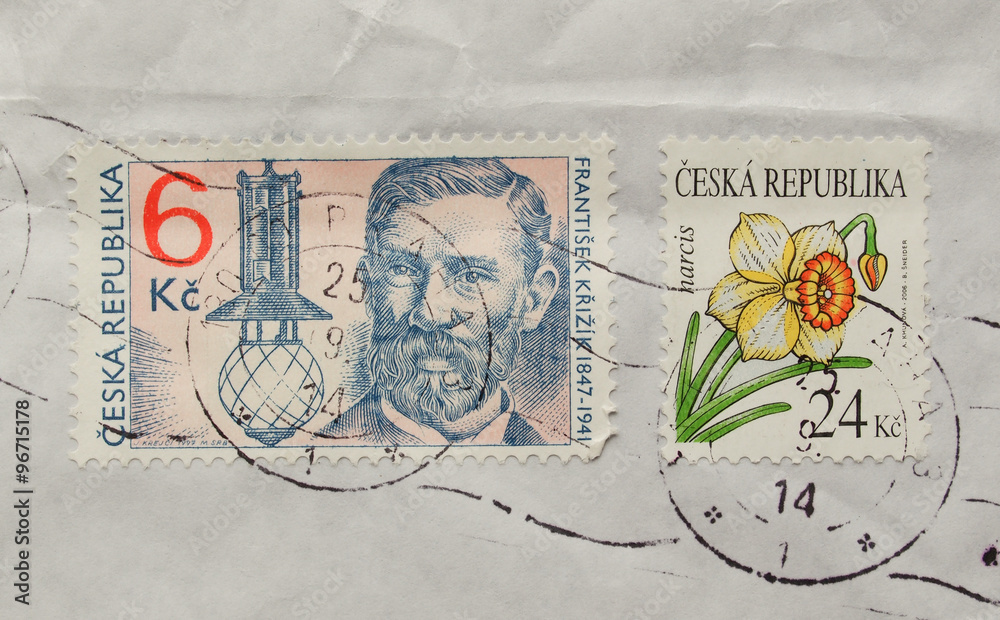 Czech stamps over a mail envelope