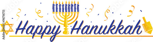 Colorful text with images that says Happy Hanukkah

