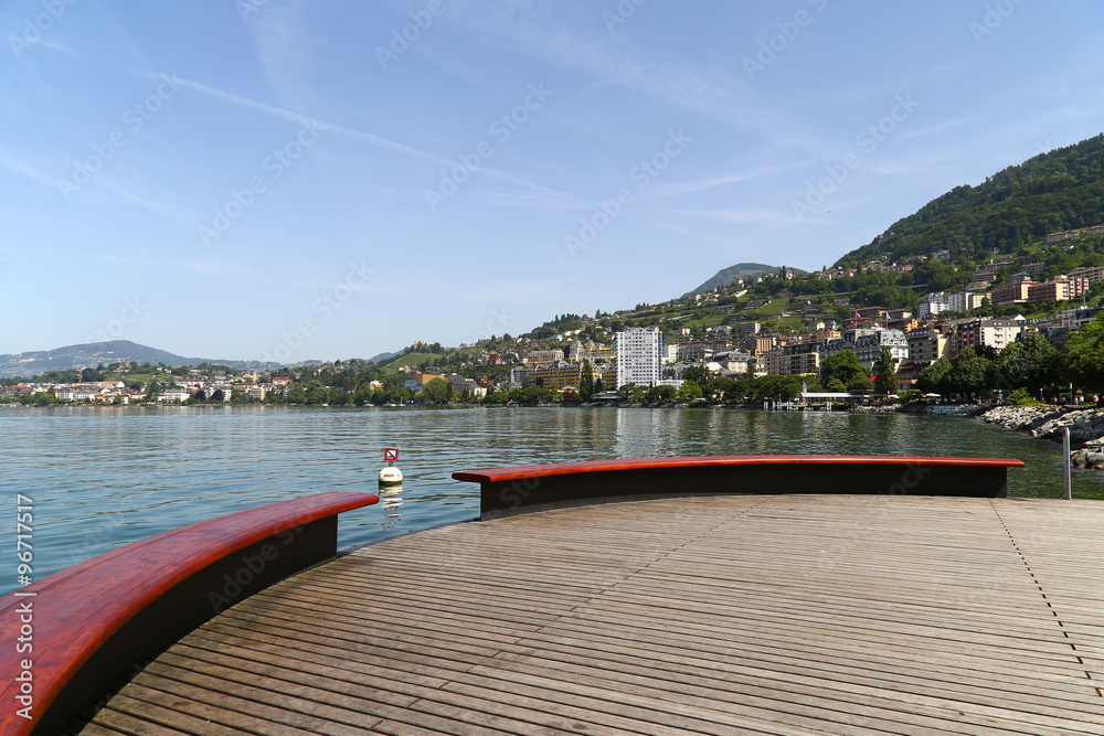 View of Lake Geneva and the Alps from the city of Montreux, Switzerland