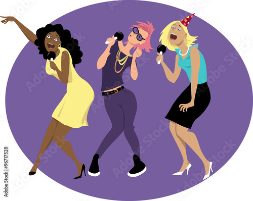 Three young funny woman singing karaoke at a party or in a bar, EPS 8 vector illustration