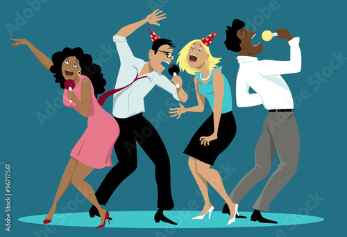 Diverse group of friends singing karaoke at a party, EPS 8 vector cartoon, no transparencies