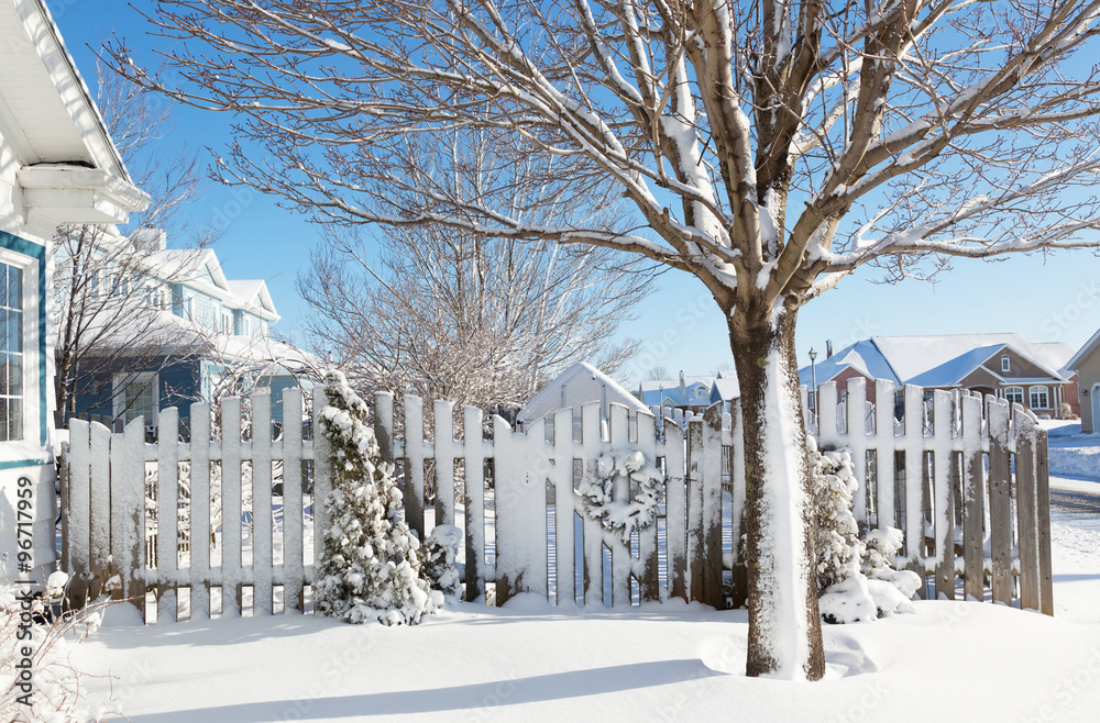 Naklejka premium Fence and gate with a Christmas wreath leading to a backyard garden.