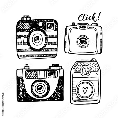Illustration sketch vintage retro photo cameras set. Isolated vector illustration.