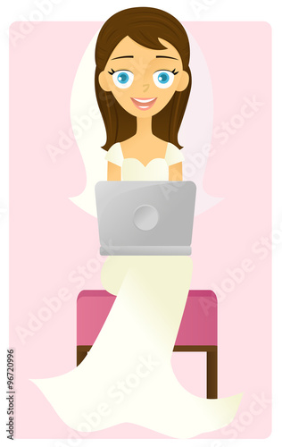 Smiling bride using a laptop computer