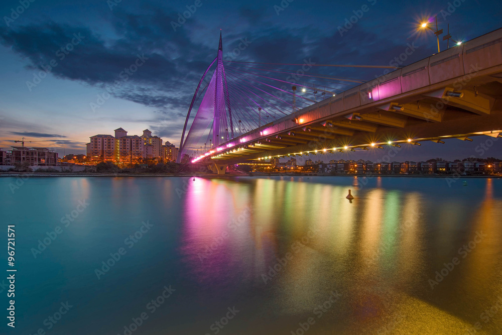Modern bridge during sunset in pink colour