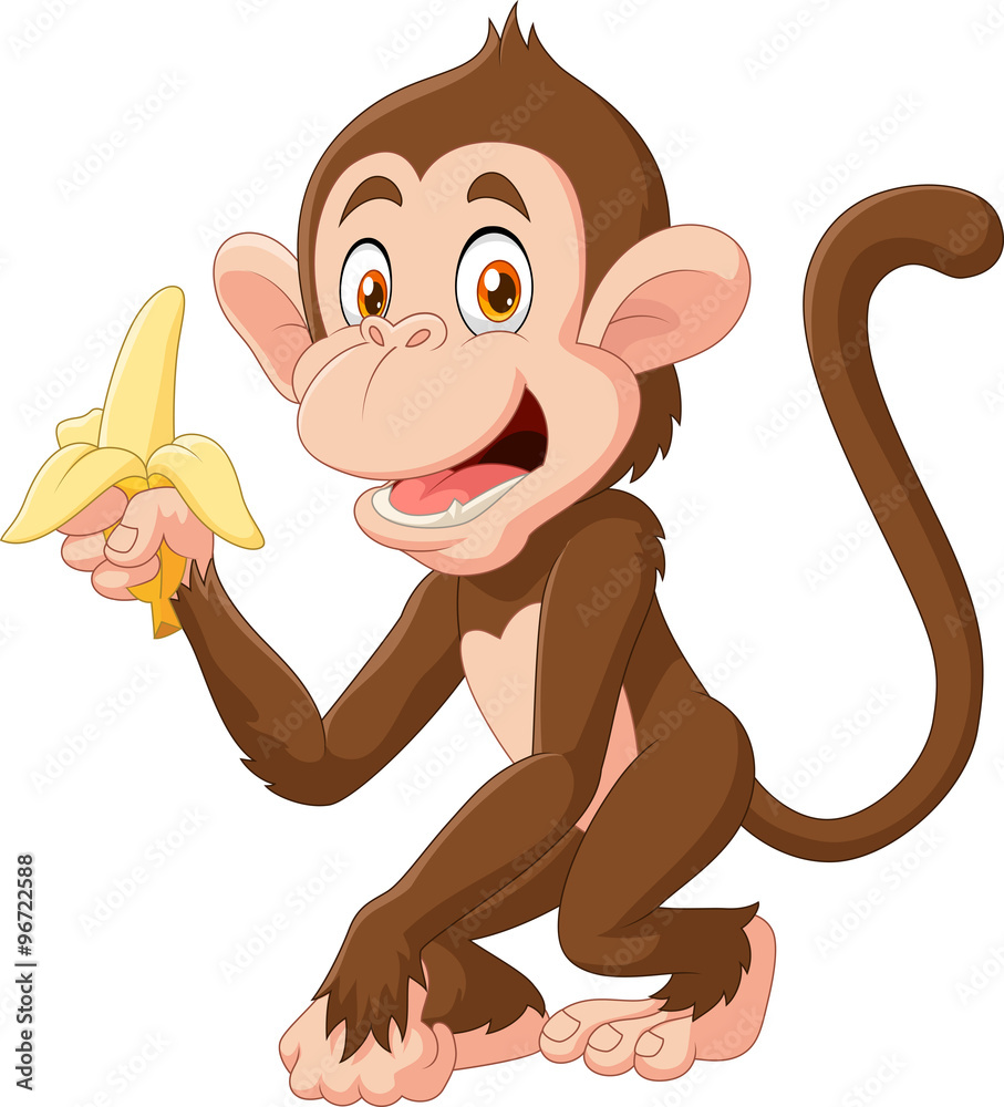Obraz premium Cartoon funny monkey holding banana isolated on white background