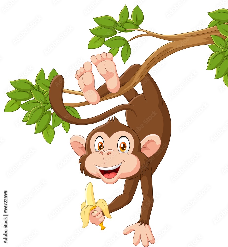 Fototapeta premium Cartoon happy monkey hanging and holding banana
