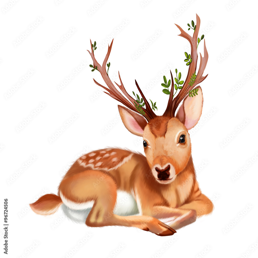 Illustration: The Mysterious Deer. Realistic Fantastic Cartoon Style  Wallpaper / Scene / Background / Card Design. Stock Illustration | Adobe  Stock