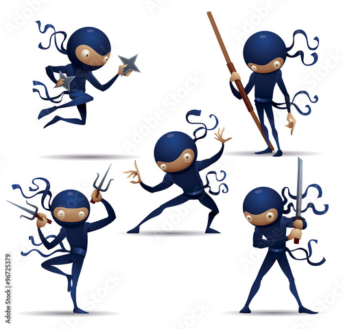 Vector Blue Ninja Warriors set. Cartoon image of five ninja warriors in blue traditional costumes, in various poses and with various weapons in the hands on a white background.