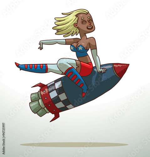 Vector cartoon image of a girl with blond hair in a blue tank top, red skirt, white gloves and stockings and red-blue boots sitting astride a red-and-gray metal rocket on a light background.