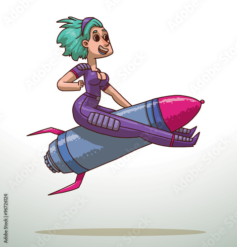 Vector cartoon image of a girl with light blue hair in a purple space suit sitting astride a pink-and-gray metal rocket on a light background.