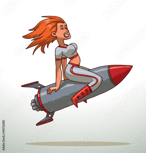 Vector cartoon image of a girl with red hair in a white-red tank top, white-red pants and red boots sitting astride a red-and-gray metal rocket on a light background.