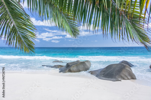 Seychelles, plage, cocotiers, rochers  photo