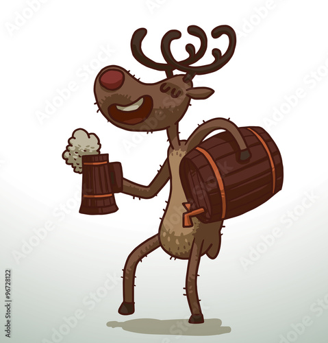 Vector Deer with barrel of beer. Cartoon image of a funny brown deer with black horns with brown wooden barrel of beer in one hoof and brown wooden mug of beer in the other on a light background.