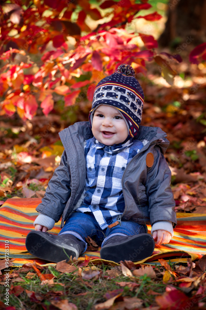 8 months old boy in the fall 8 months old boy in the fall