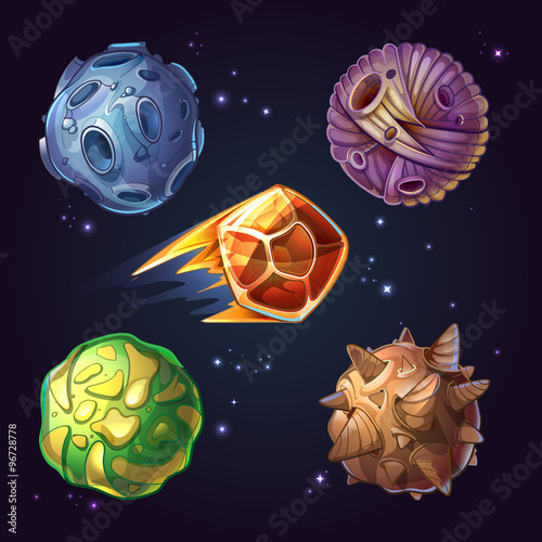 Fantastic planets, moons, asteroid sci-fi starry space background. Vector illustration in cartoon comic style