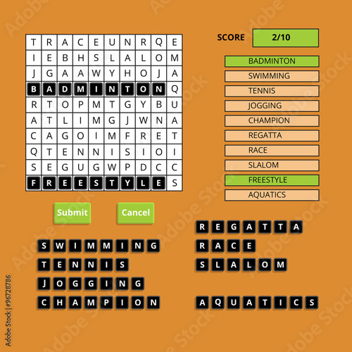Puzzling words game user interface. Vector UI elements for smartphone