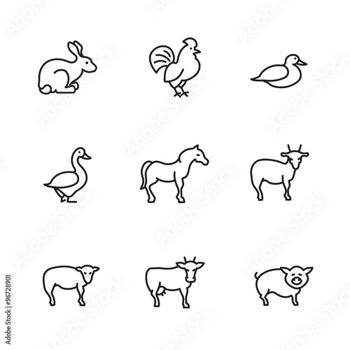 Farm animals line vector icons set