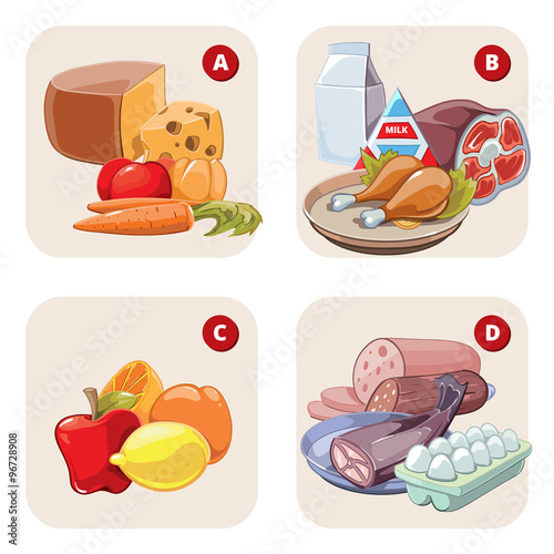 Healthy products containing vitamins. Vector infographic