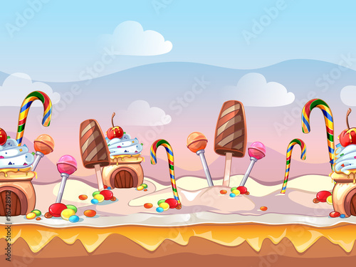 Cartoon fairy tale candy seamless vector background for computer game