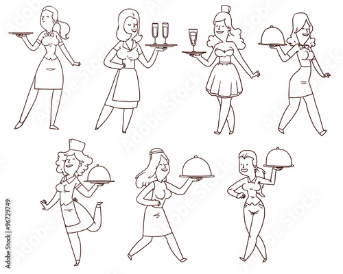 Vector Waitresses set, line art. Line cartoon image of seven waitresses in different clothes and with different attributes in their hands on a white background.