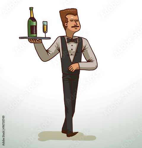 Vector сartoon image of a brown-haired waiter in black trousers, white shirt, black vest and bow tie with a gray tray of champagne in his hand running on a light background.