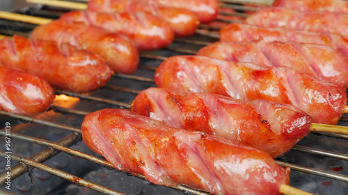 The delicious grilled Taiwanese sweet pork sausage.
