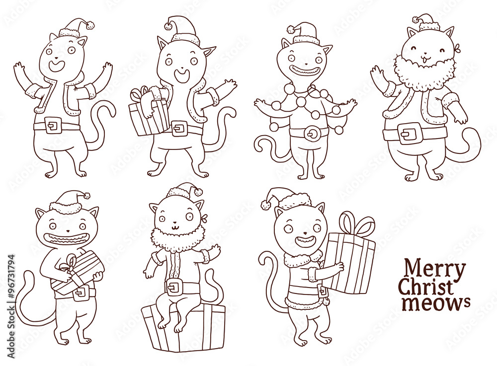 Vector line cartoon image of the seven christmas cats dressed as Santa in different poses and with different attributes on a white background. In the theme of Christmas and New Year.