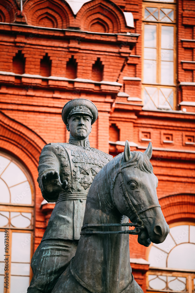 Monument to Marshal Georgy Zhukov on red square in Moscow, Russi