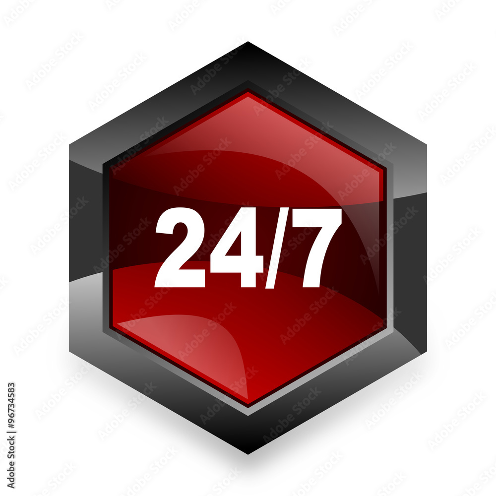 24/7 red hexagon 3d modern design icon on white background 24/7 red hexagon 3d modern design icon on white background