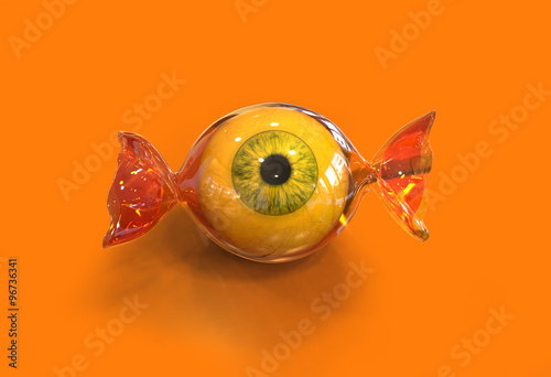 Eye ball halloween candy on orange background, 3d