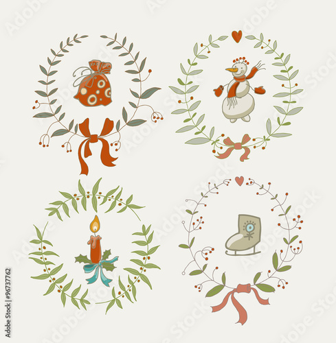 Christmas wreaths set with snowman and New Year graphic elements  holiday symbols