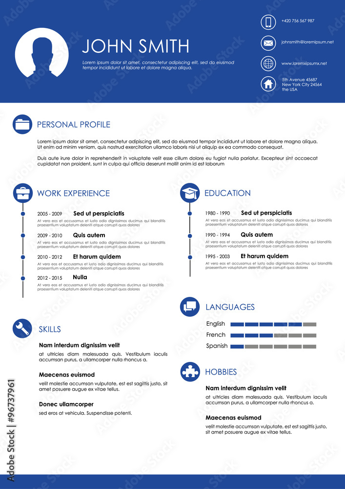 Blue minimalistic personal vector resume - cv template Stock Vector ...
