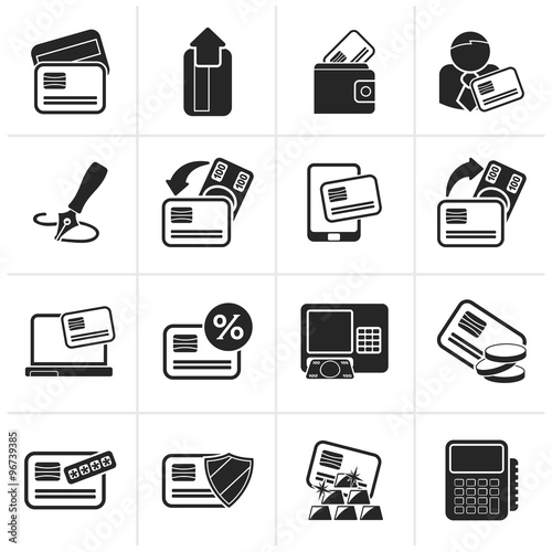 Black credit card, POS terminal and ATM icons - vector icon set
