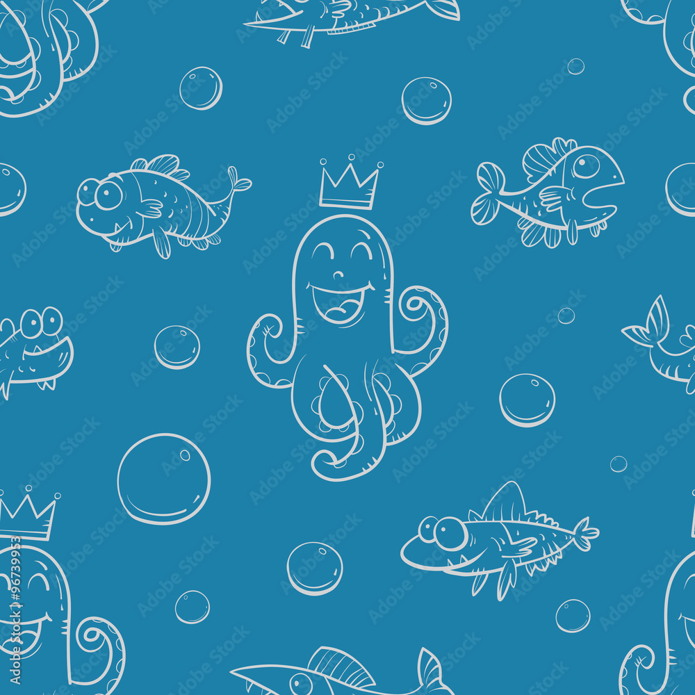 Vector seamless sea pattern with cartoon fishes and octopuses on  blue background.
