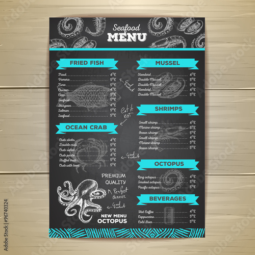 Vintage chalk drawing seafood menu design.