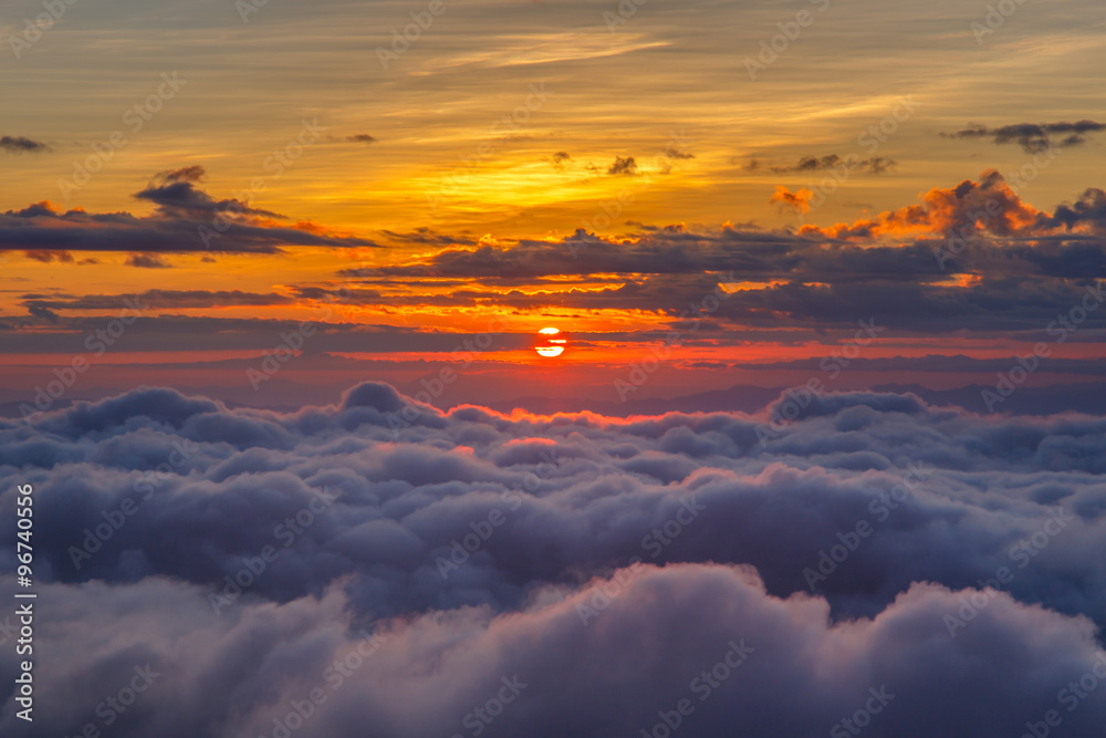 Layer of mountains and mist at sunset time, Landscape at Doi Luang Chiang Dao, High mountain in Chiang Mai Province, Thailand