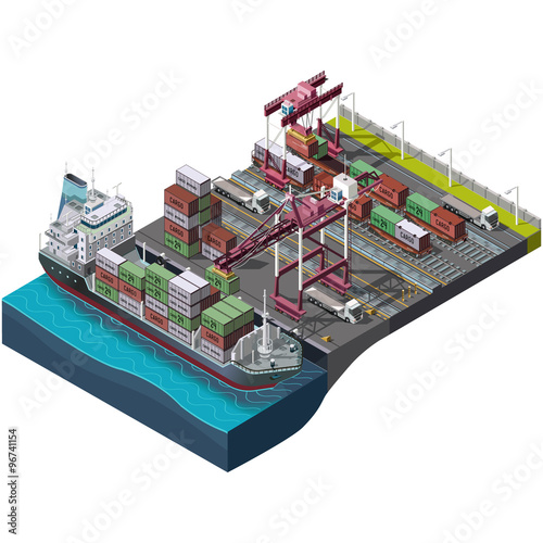 Sea and rail transportation of goods,delivery cargo.Vector set with industrial construction cranes.Loading,unloading of containers.Territory of the port warehouse.Shipping process.3D isometric concept