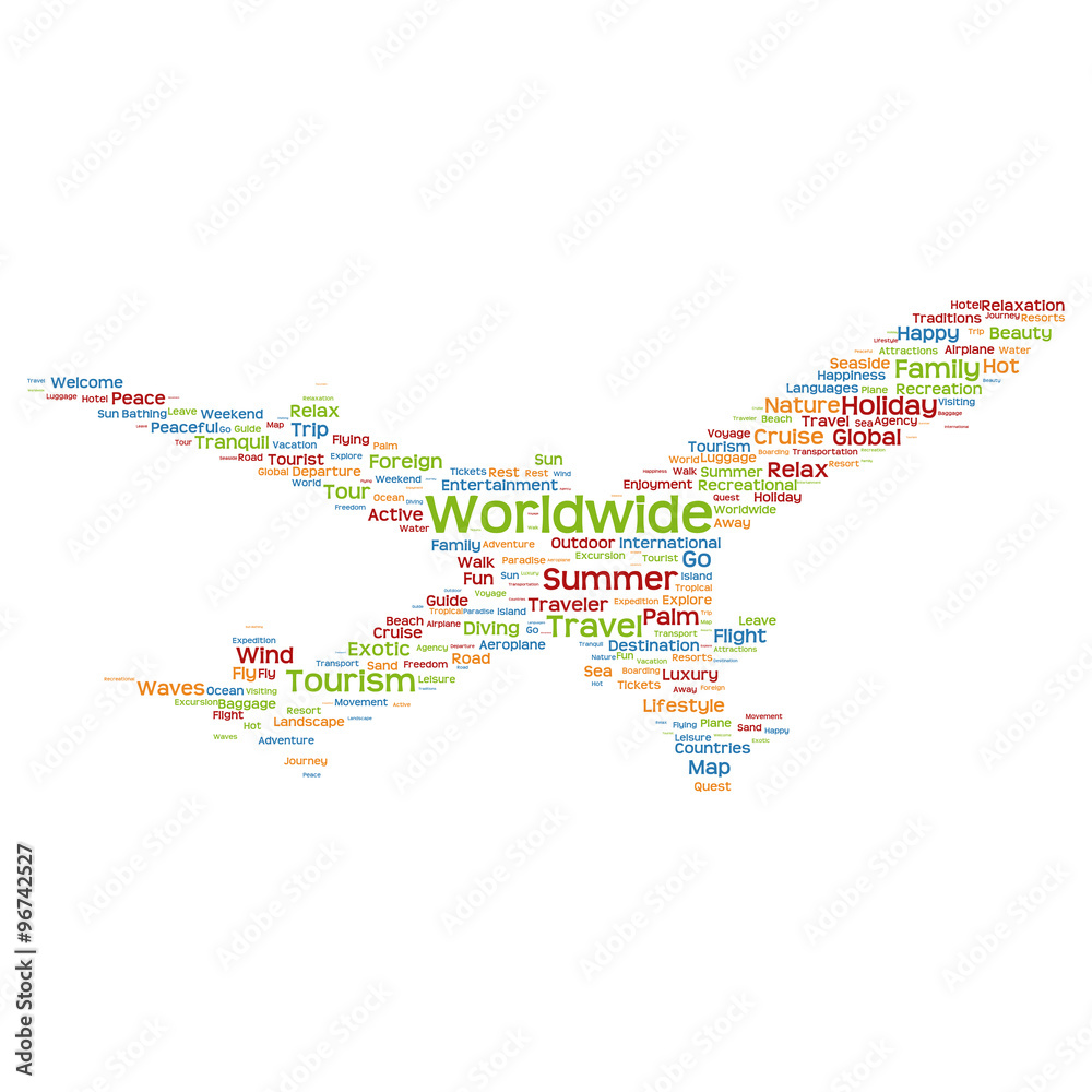 Naklejka premium Concept or conceptual colorful plane silhouette travel tourism text word cloud