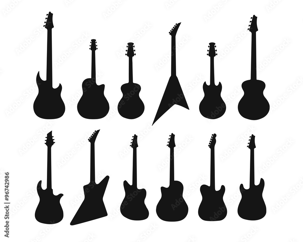 Fototapeta premium A set of silhouettes of various guitars. Bass , electric guitar , acoustic, electroacoustic
