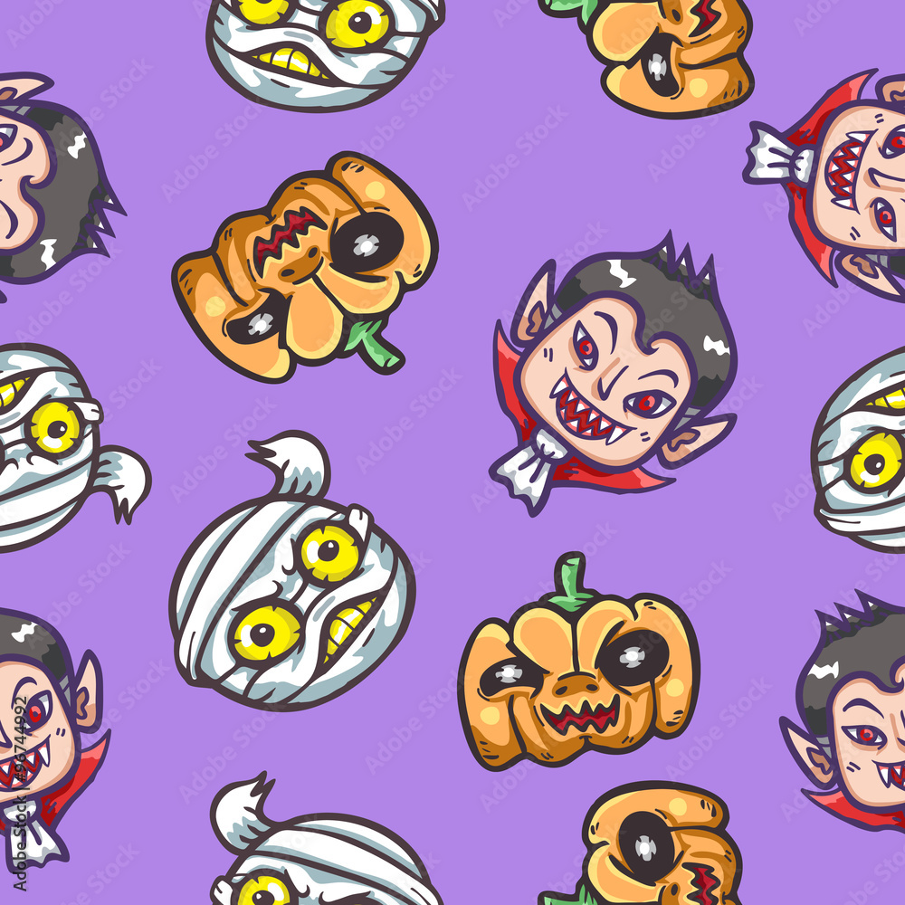 Naklejka premium Halloween characters seamless pattern background