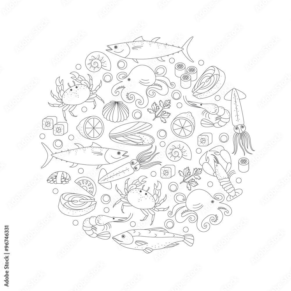Elements of sea food in a circle shape.