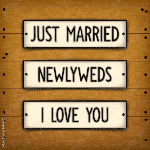 Just married. Set creative design elements in style car plates
