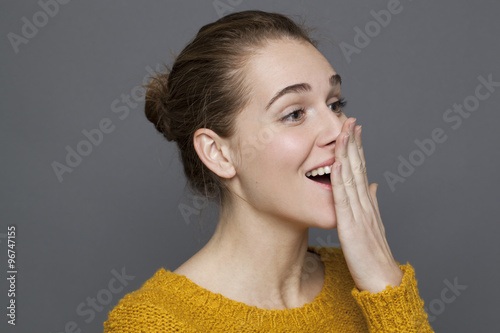 Slika na platnu glowing happiness concept - surprised 20s girl smiling for wellbeing and serenit