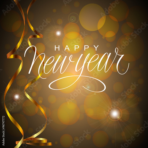 Happy New Year Vector Illustration. Hand Lettered Text on a Golden & Black Background.