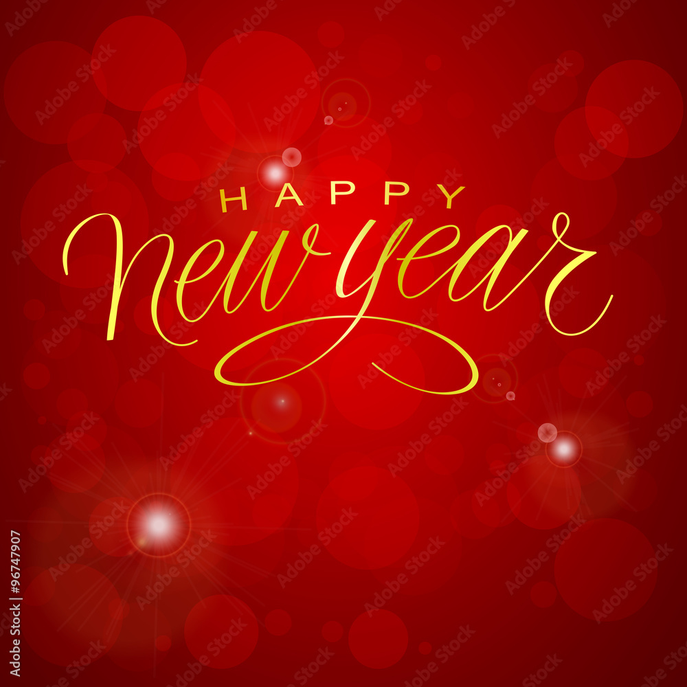Happy New Year Vector Illustration. Golden Hand Lettered Text on a Red Background.
