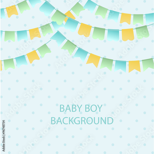 Cute vintage textile blue green and yellow bunting flags for boys baby shower background. Cute flag garlands on polka dot background