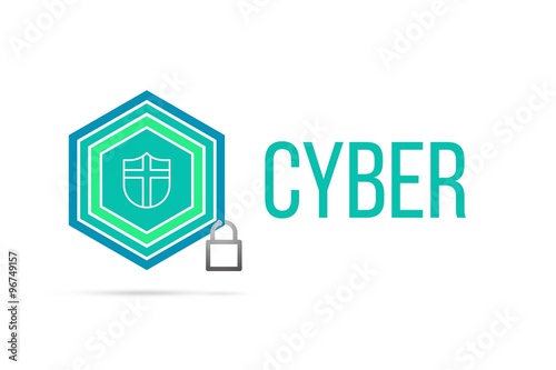 Cyber concept image with pentagon shield and lock illustration and icon inside